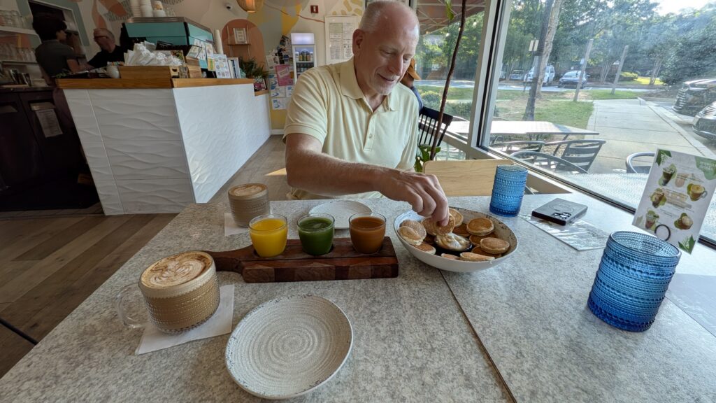 Jeff Deurlein enjoying Good Kitchen_s pancake chips and dip. (Rebecca Deurlein)